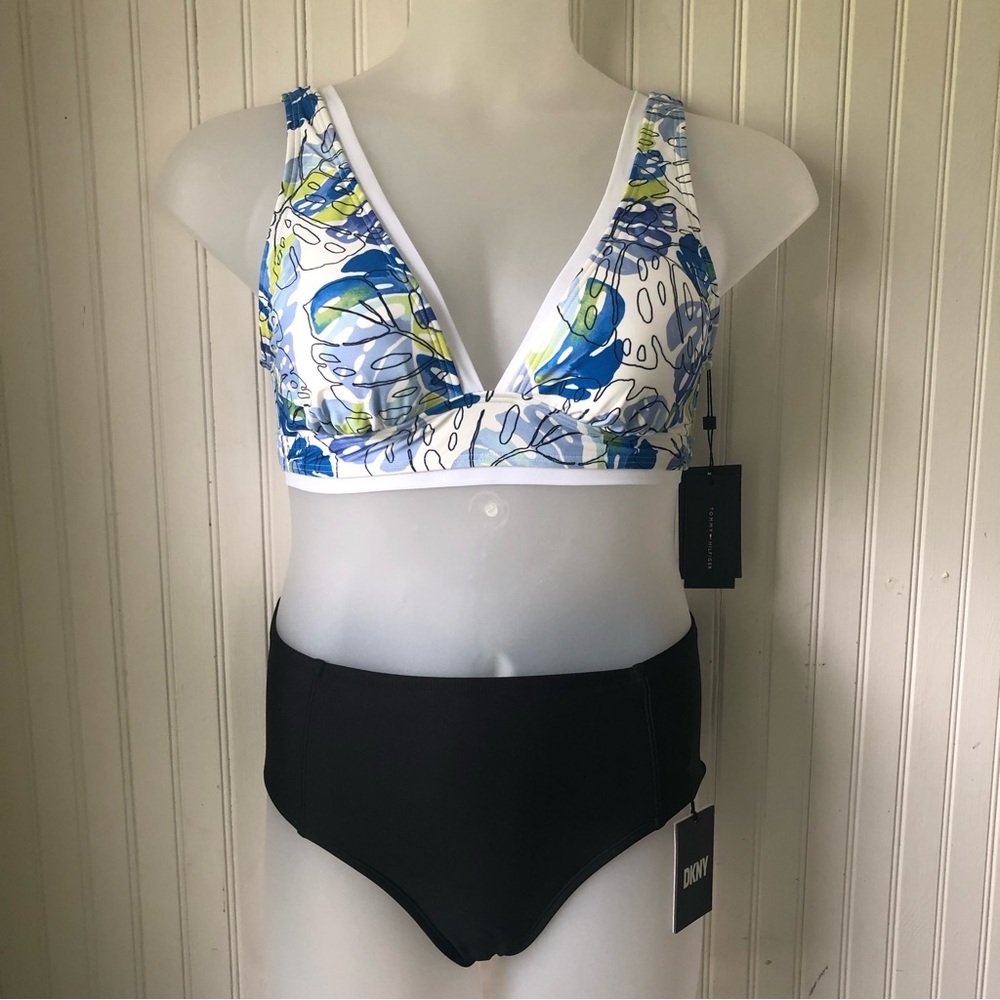 TOMMY HILFIGER DKNY Retail $136 Tropical V-Neck Swim Top High Waist Bottoms Med